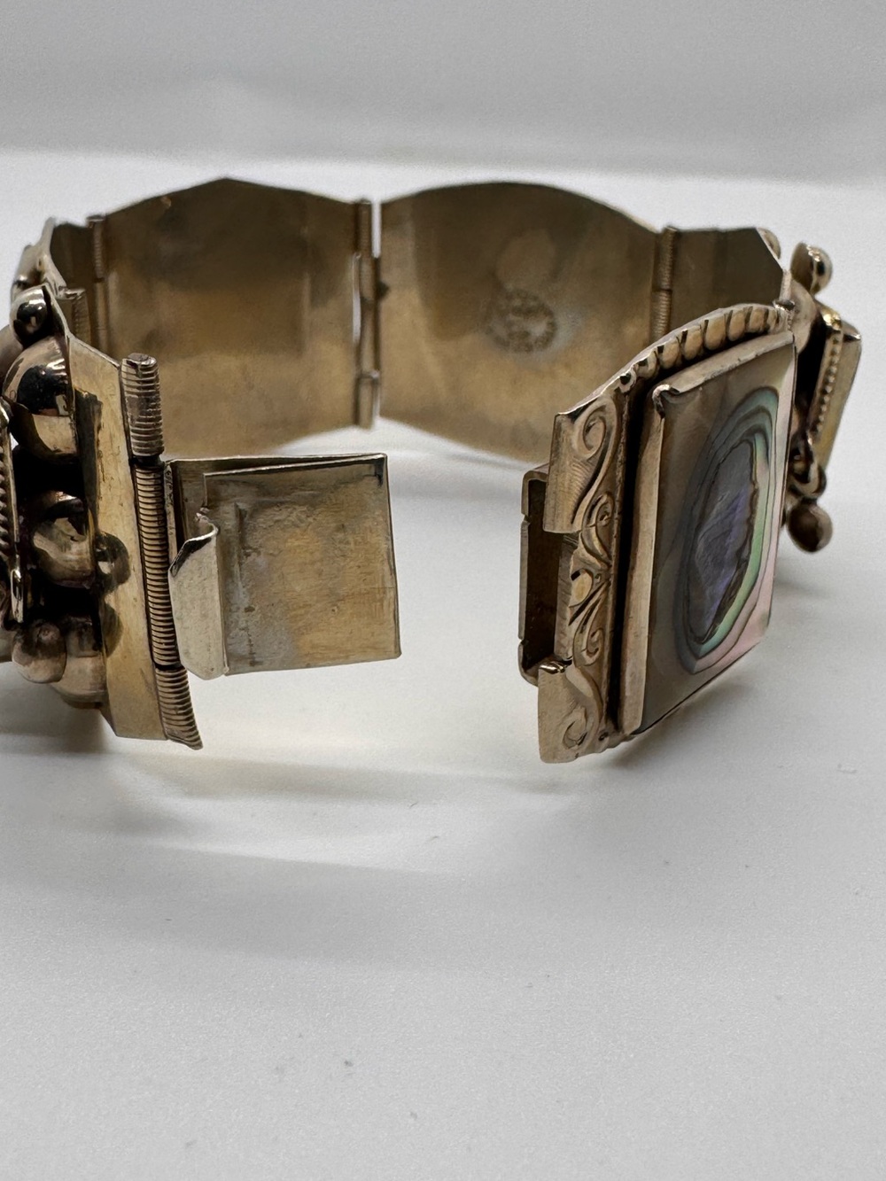 Vintage Taxco Mexico 925 Sterling Silver Abalone Aztec Mask Panel Bracelet - Picture 4 of 16
